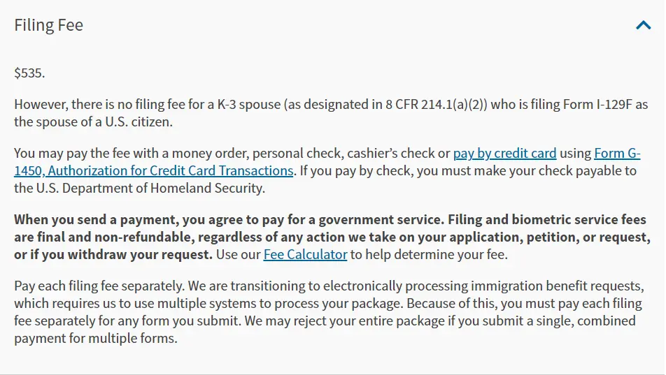 K1 Visa processing fee